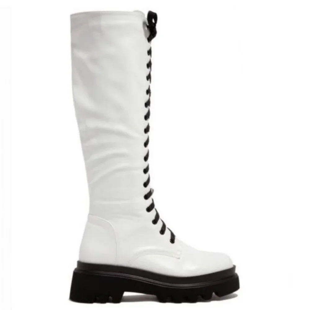!! NEW !! Knee High Lack Up Combat Boots with Side Zip in Taupe - Picture 7 of 8